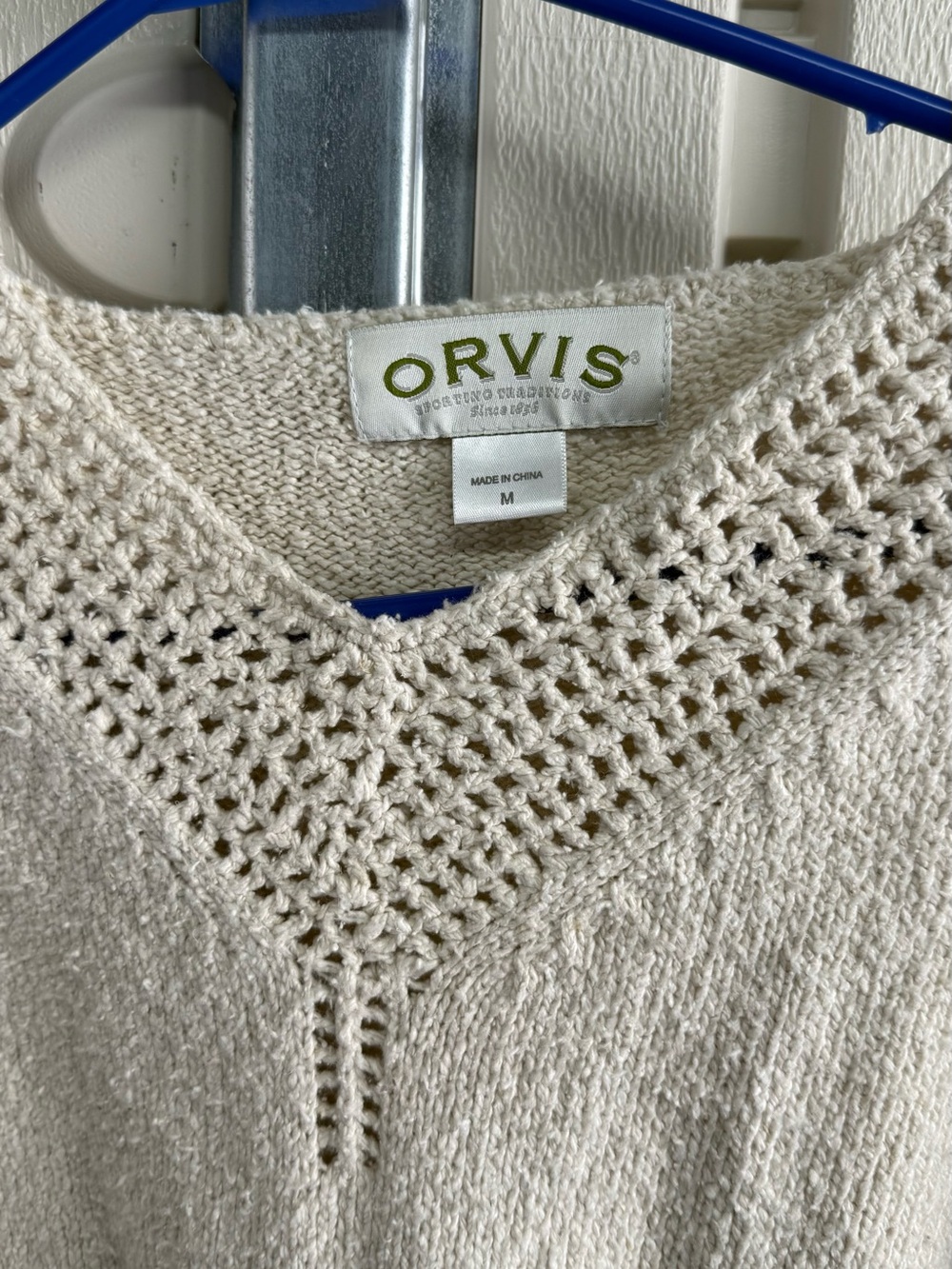Orvis Cream Openwork V-Neck Crochet Sweater